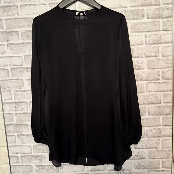 The Row SIlk Sheer Black Tie Open Back Top size XS Bishop Sleeves Tunic Length